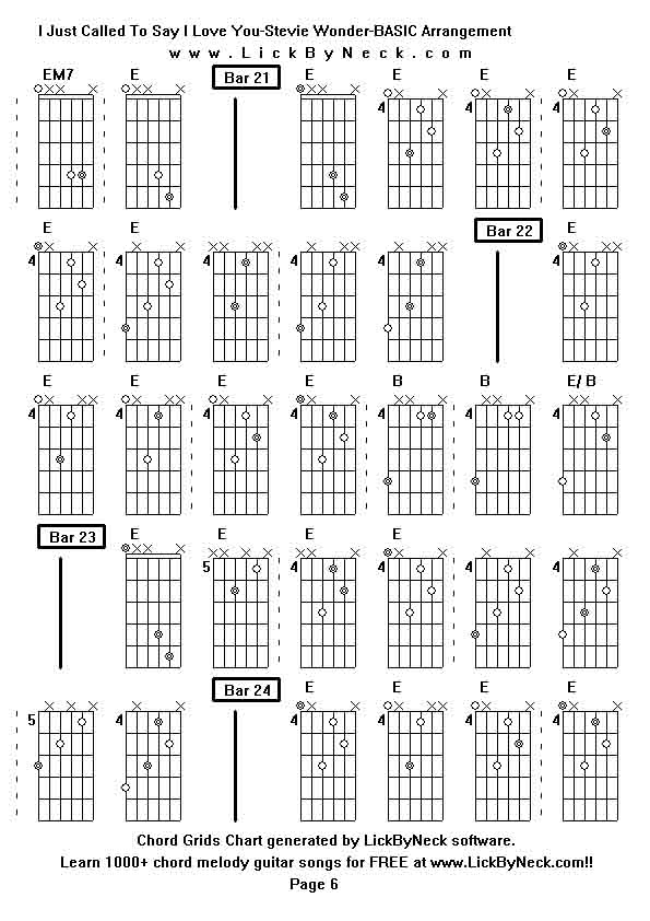 Chord Grids Chart of chord melody fingerstyle guitar song-I Just Called To Say I Love You-Stevie Wonder-BASIC Arrangement,generated by LickByNeck software.